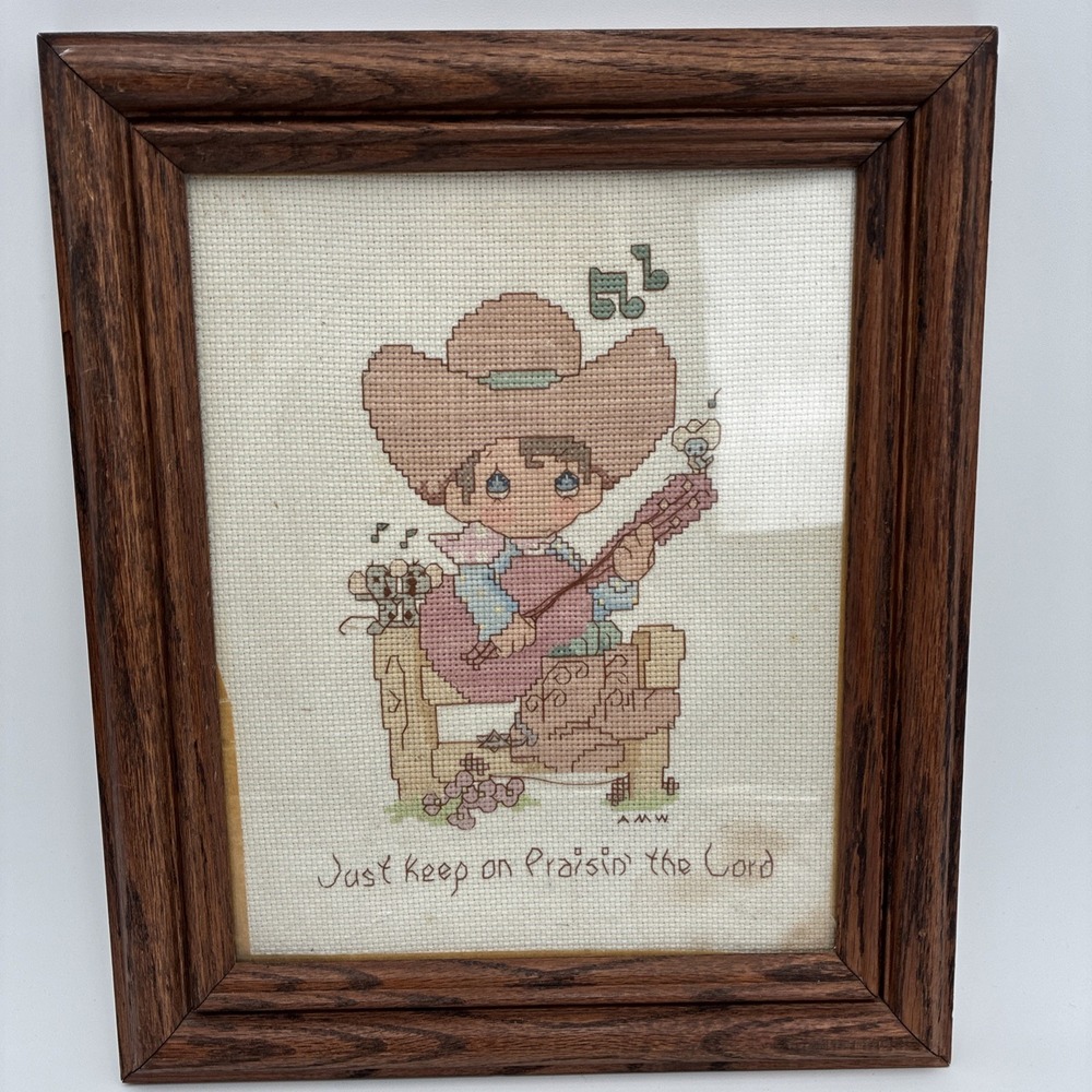 Vtg Precious Moments Cowboy Cross Stitch Framed Art Just Keep On Praisin Lord